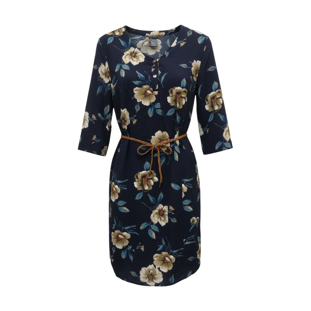 Rue 21 Floral Shift Dress Womens Large Navy Blue 3/4 Sleeve Belted V-Neck